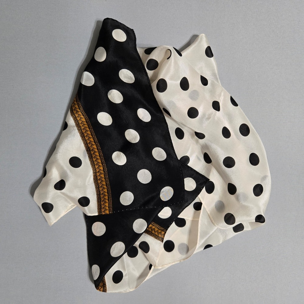 Club 7 Echo Scarf Black White Polka Dot Gold Rope Border Silk Oblong Long